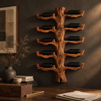 Corner detail of trunk style wood wine rack with paired branch cradles in tiers beside wood, brass and linen samples