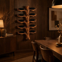 Trunk style wood wine rack with paired branch cradles in tiers in an evening dining room with walnut wall paneling