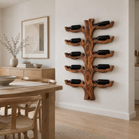 Trunk style wood wine rack with paired branch cradles in tiers in a Scandinavian dining room with white walls