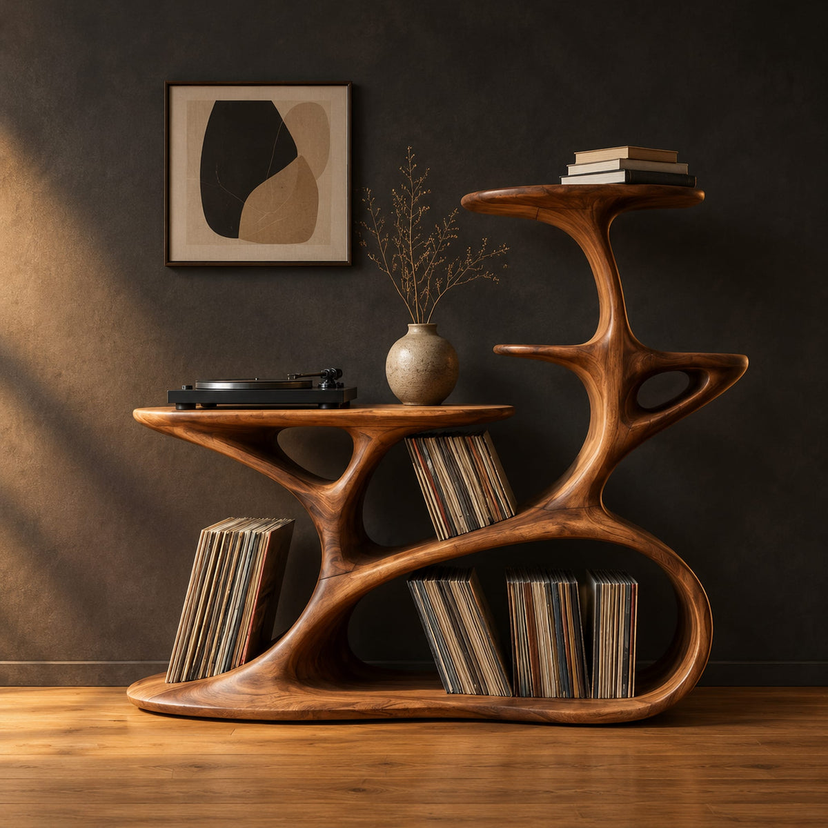 Branching tree form turntable stand with tiered shelves and oval cutouts in a dark studio against a charcoal plaster wall