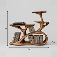 Turntable Stand With Branching Tree Form And Tiered Shelves dimension diagram with width, height and depth