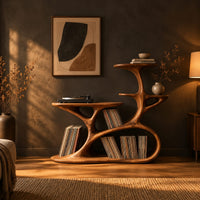 Branching tree form turntable stand with tiered shelves and oval cutouts in a dark living room at golden hour