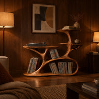 Branching tree form turntable stand with tiered shelves and oval cutouts in an evening living room with walnut wall paneling