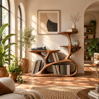 Branching tree form turntable stand with tiered shelves and oval cutouts in a bright living room with arched windows and plants