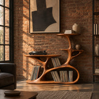 Branching tree form turntable stand with tiered shelves and oval cutouts in an industrial loft living room with exposed brick
