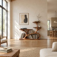 Branching tree form turntable stand with tiered shelves and oval cutouts in a bright open plan living room