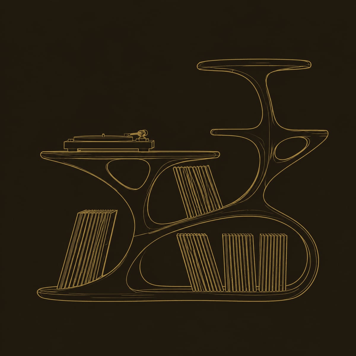 Turntable Stand With Branching Tree Form And Tiered Shelves dimension diagram