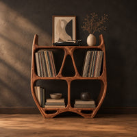 Turntable stand shaped like a sculpted open shelf unit with two pointed tips in a dark studio against a charcoal plaster wall
