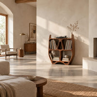 Turntable stand shaped like a sculpted open shelf unit with two pointed tips in a bright open plan living room
