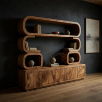 TV cabinet with stacked loop shelves above in a dark studio against a charcoal wall