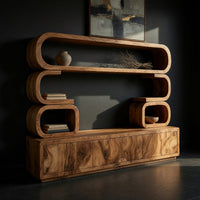 TV cabinet with stacked loop shelves above, three-quarter view showing the grain
