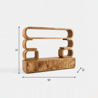 TV Cabinet with Stacked Loop Shelves, in Figured Solid Wood dimension diagram with height, width and depth