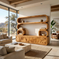 TV cabinet with stacked loop shelves above in a bright modern living room