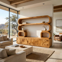 TV cabinet with stacked loop shelves above in an open plan space in daylight