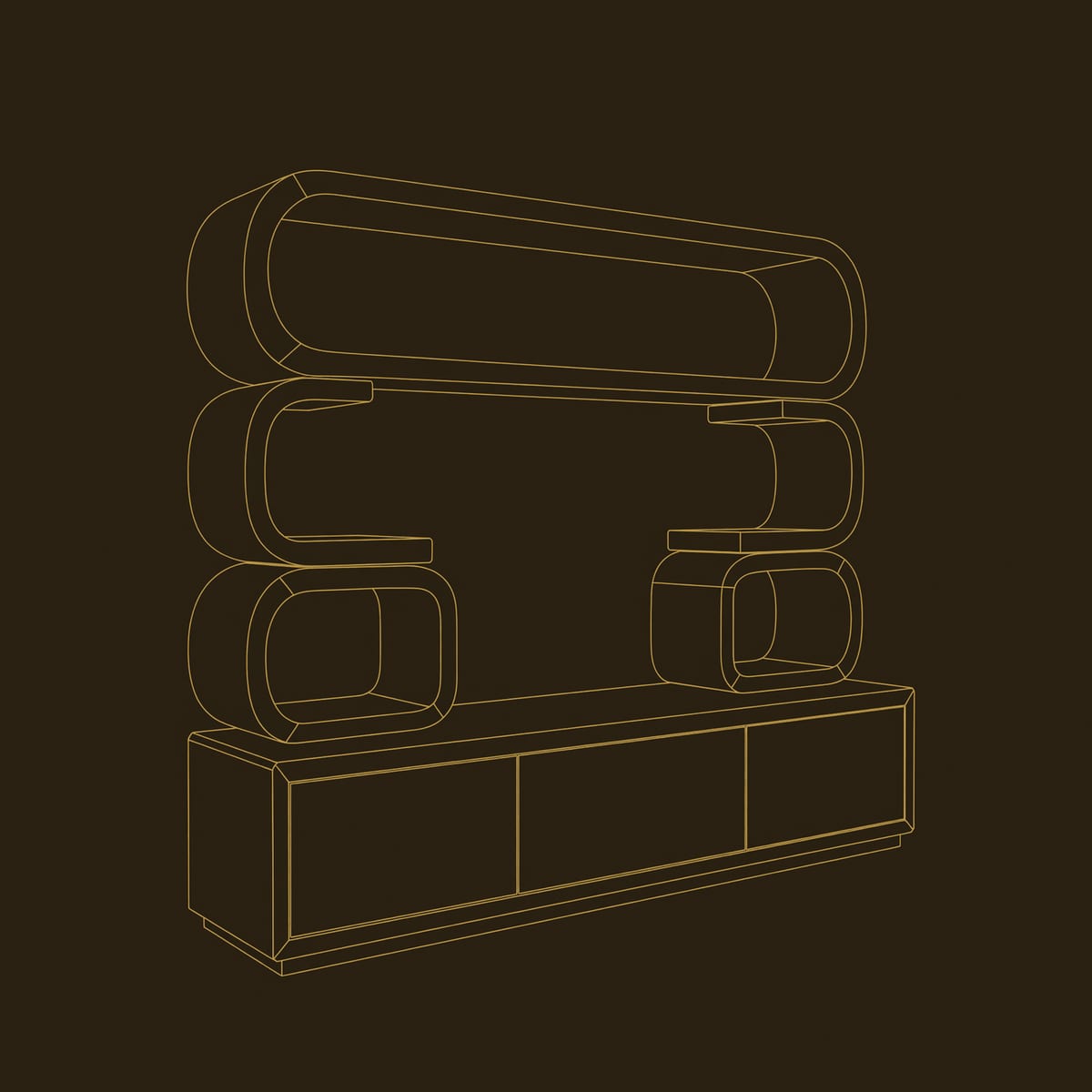 TV Cabinet with Stacked Loop Shelves, in Figured Solid Wood dimension diagram