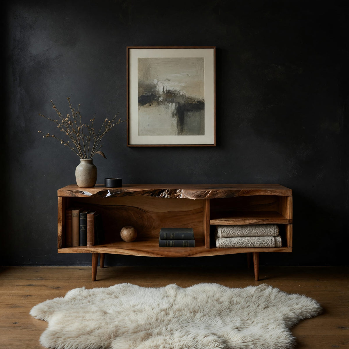 Mid century TV console with a live edge top in a dark studio against a charcoal wall