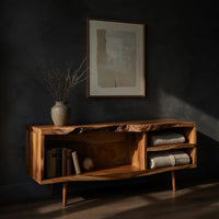 Mid century TV console with a live edge top, three-quarter view showing the grain