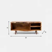 TV Console for a Mid Century Room with a Live Edge Top dimension diagram with height, width and depth