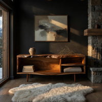 Mid century TV console with a live edge top in a living room at golden hour