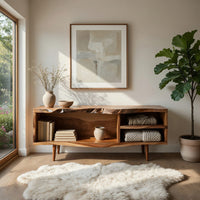 Mid century TV console with a live edge top in a sunlit room with large windows and plants