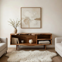 Mid century TV console with a live edge top in a bright modern living room