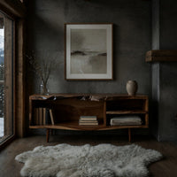 Mid century TV console with a live edge top in a concrete and timber loft
