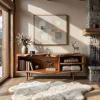 Mid century TV console with a live edge top in an open plan space in daylight