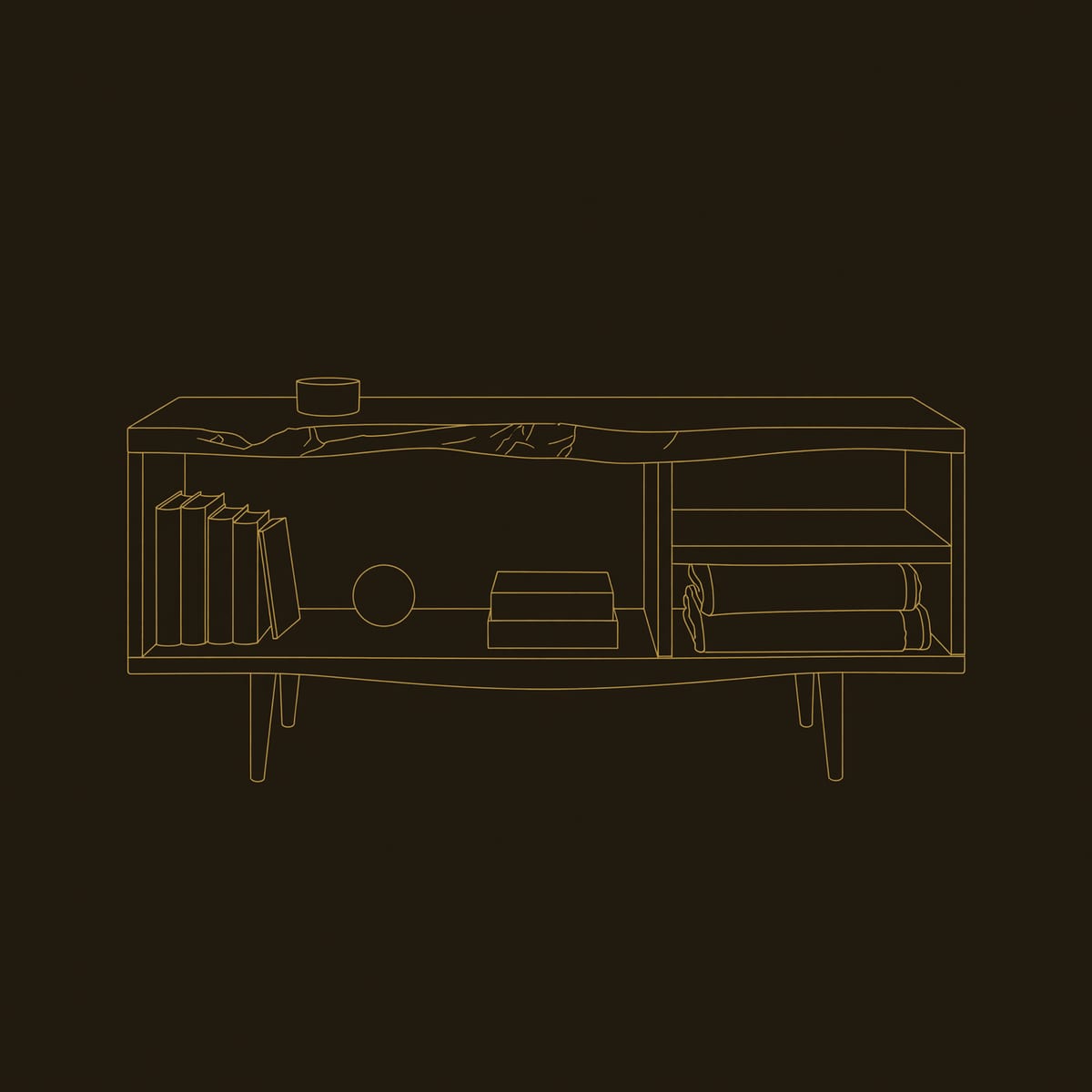 TV Console for a Mid Century Room with a Live Edge Top dimension diagram