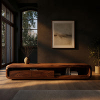 Low capsule TV console with a drawer box and open end in a living room at golden hour