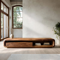 Low capsule TV console with a drawer box and open end in a sunlit room with large windows and plants