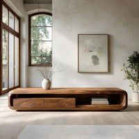 Low capsule TV console with a drawer box and open end in a bright modern living room