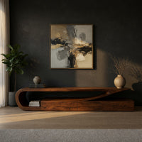 TV console with a curling hook top over drawers in a living room at golden hour