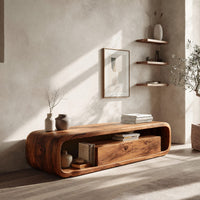 TV console with a loop frame around a drawer box in an open plan space in daylight