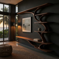 Wall mounted TV shelf with branching arms in a living room at golden hour
