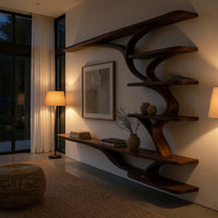 Wall mounted TV shelf with branching arms in an evening room lit by two lamps
