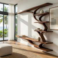 Wall mounted TV shelf with branching arms in a bright modern living room