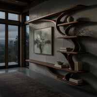 Wall mounted TV shelf with branching arms in a concrete and timber loft