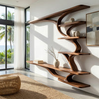 Wall mounted TV shelf with branching arms in an open plan space in daylight