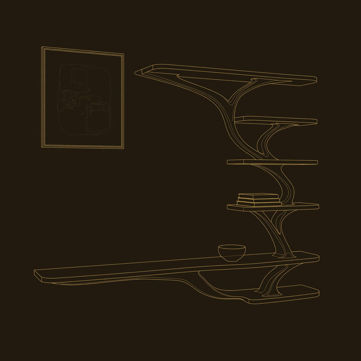 TV Shelf with Branching Arms, Wall Mounted in Solid Wood dimension diagram
