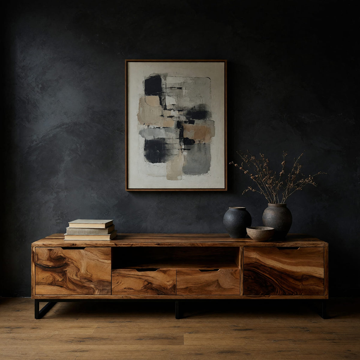 TV stand with figured wood doors on a black metal frame in a dark studio against a charcoal wall