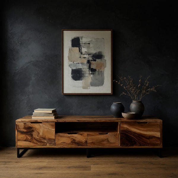 TV Stand on a Black Metal Frame with Figured Wood Doors