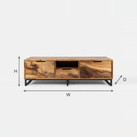TV Stand on a Black Metal Frame with Figured Wood Doors dimension diagram with height, width and depth