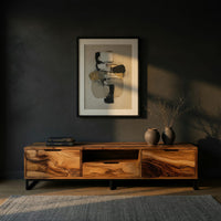 TV stand with figured wood doors on a black metal frame in a living room at golden hour
