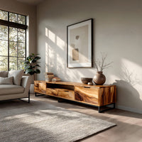 TV stand with figured wood doors on a black metal frame in a sunlit room with large windows and plants