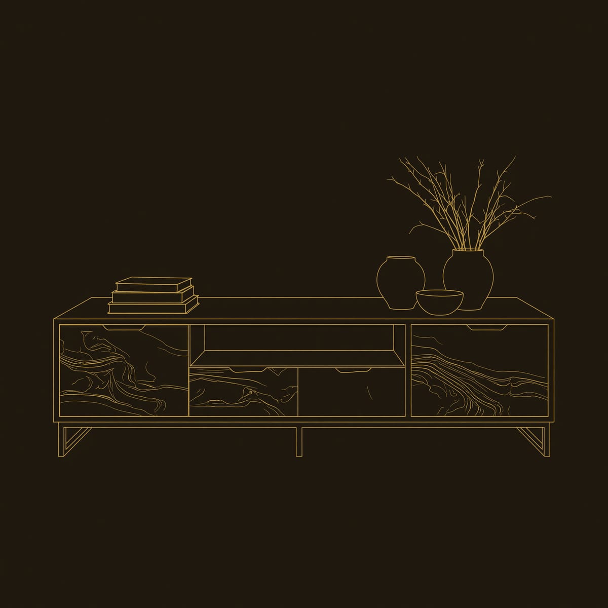 TV Stand on a Black Metal Frame with Figured Wood Doors dimension diagram
