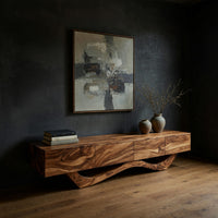 Swirl grain TV stand on a flowing wave base in a dark studio against a charcoal wall