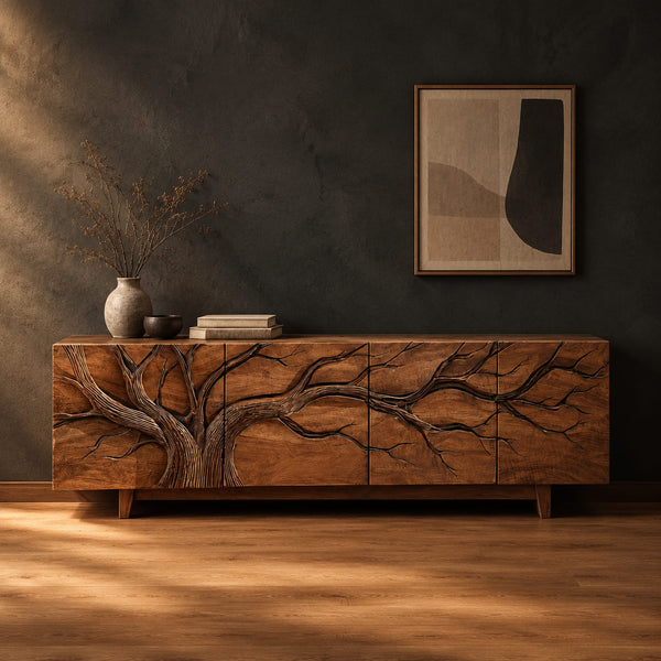 TV Stand With A Carved Branching Tree Across Four Front Panels