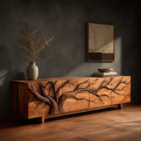 Tv stand with a carved branching tree across four front panels on tapered feet, three-quarter view showing the grain