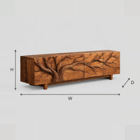 TV Stand With A Carved Branching Tree Across Four Front Panels dimension diagram with width, height and depth