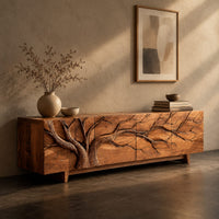 Corner detail of tv stand with a carved branching tree across four front panels on tapered feet beside wood, brass and linen samples
